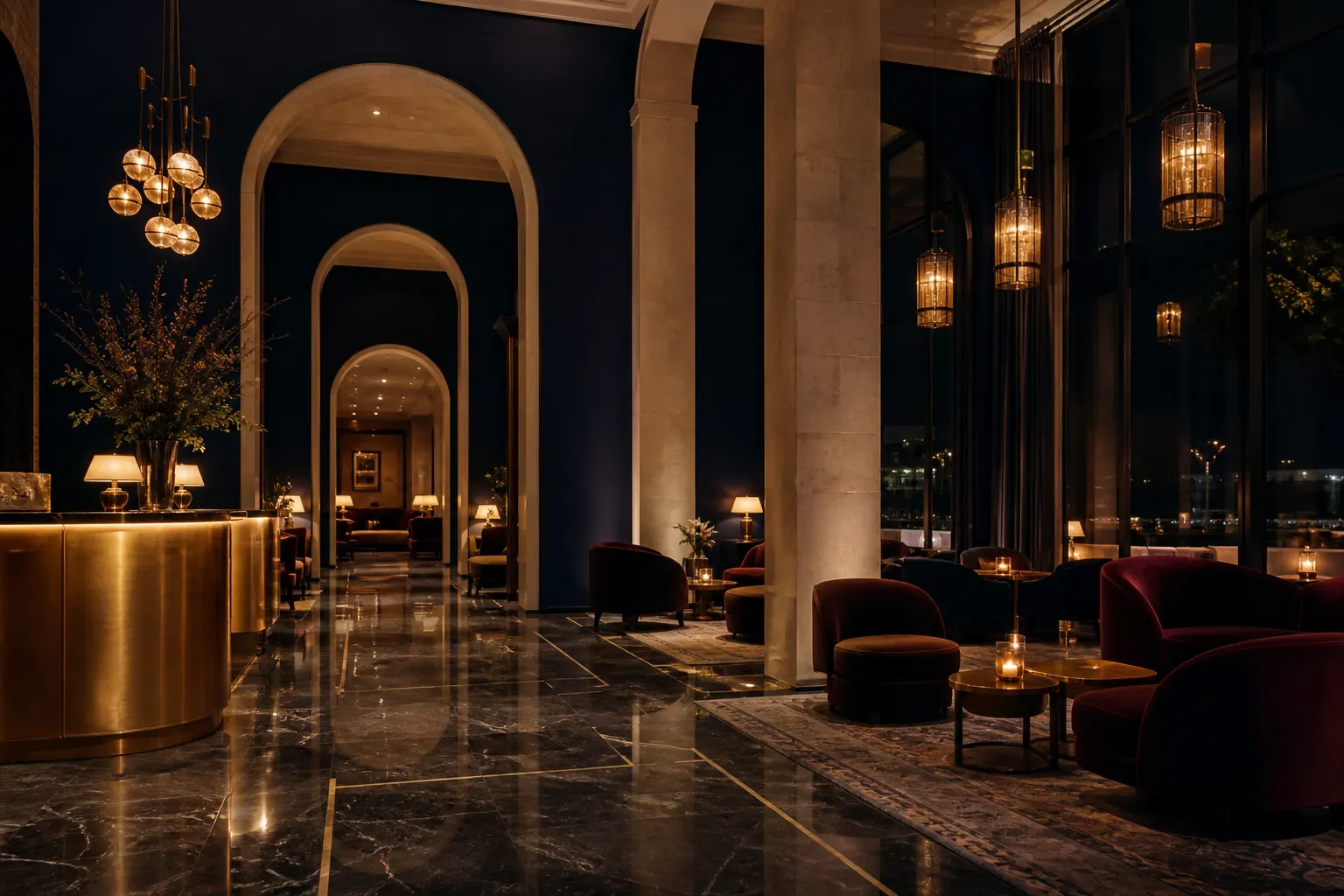 Grand lobby with marble floors and velvet seating