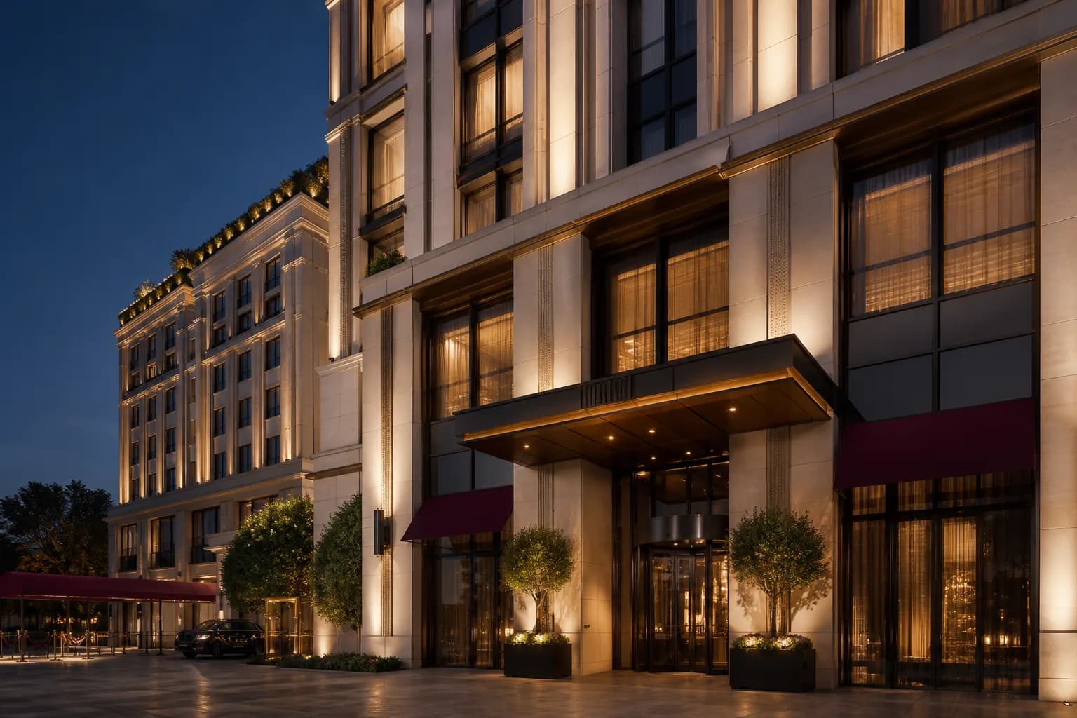 Velvet Court hotel exterior at dusk with warm lit limestone facade