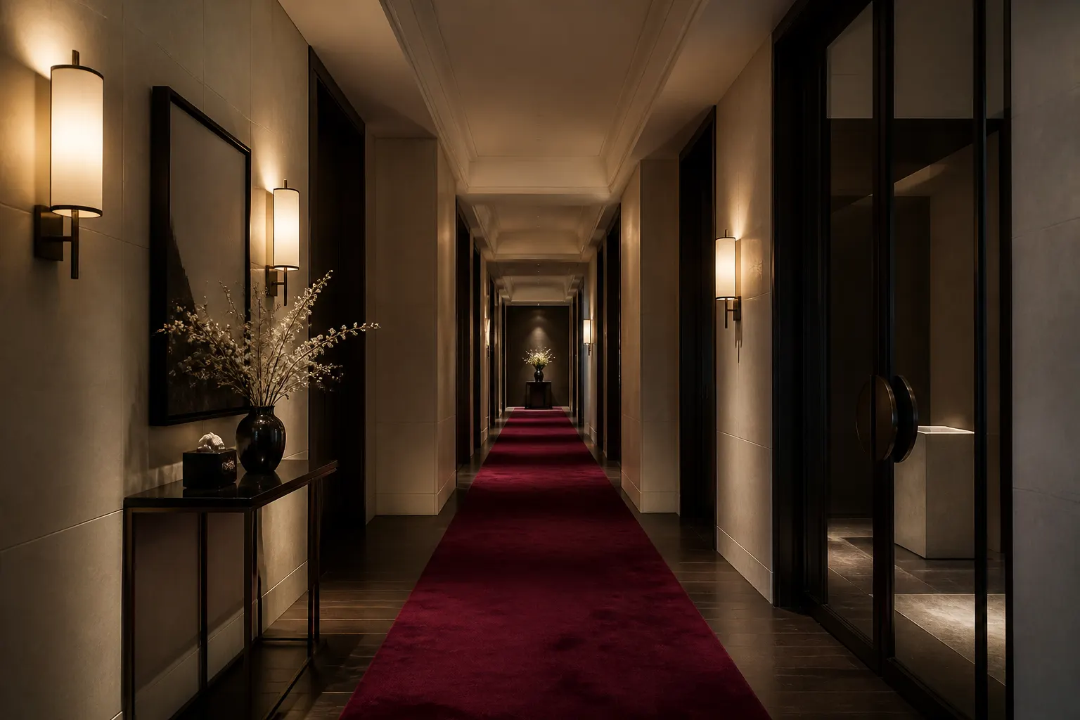 Quiet hotel corridor with velvet runner